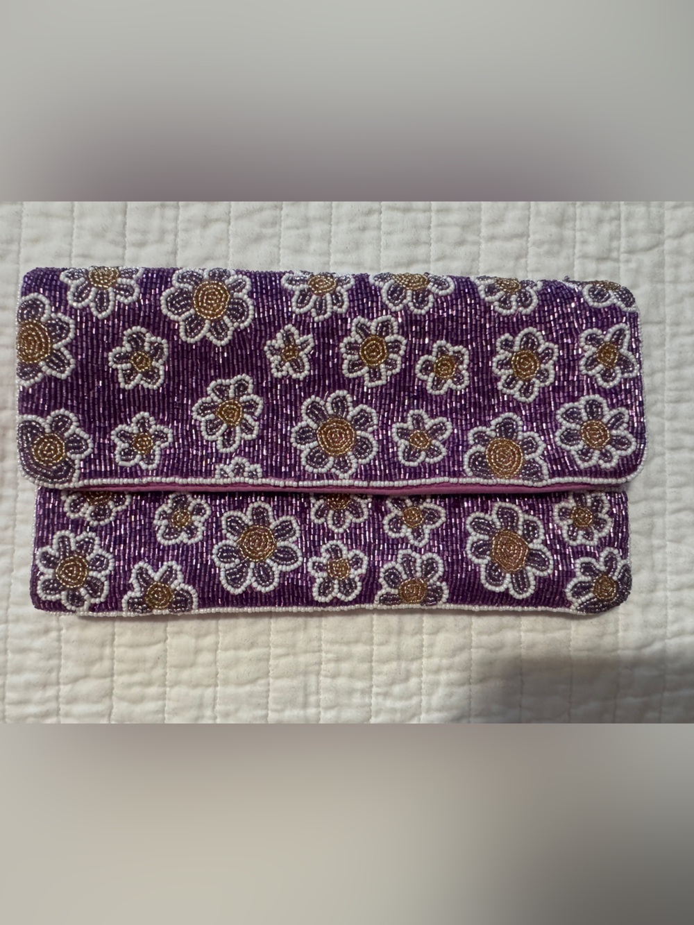 Anthropologie Purple Beaded Floral Clutch with Gold and White Accents